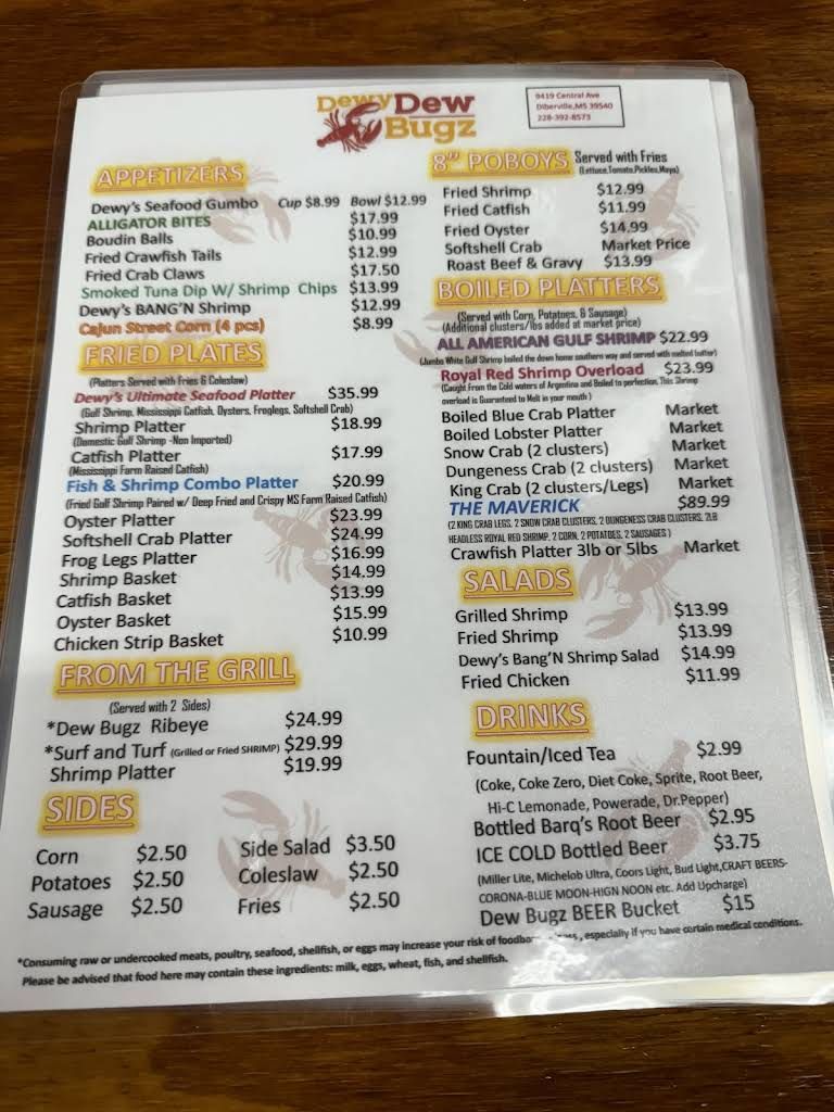 Dewy Dew Bugz Seafood Market & Restaurant Menu 1